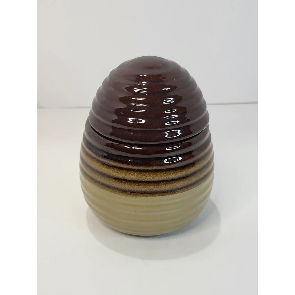Vintage Beehive Ceramic Honey Pot Jar Two Tone Brown Drip Glaze with Lid 5in